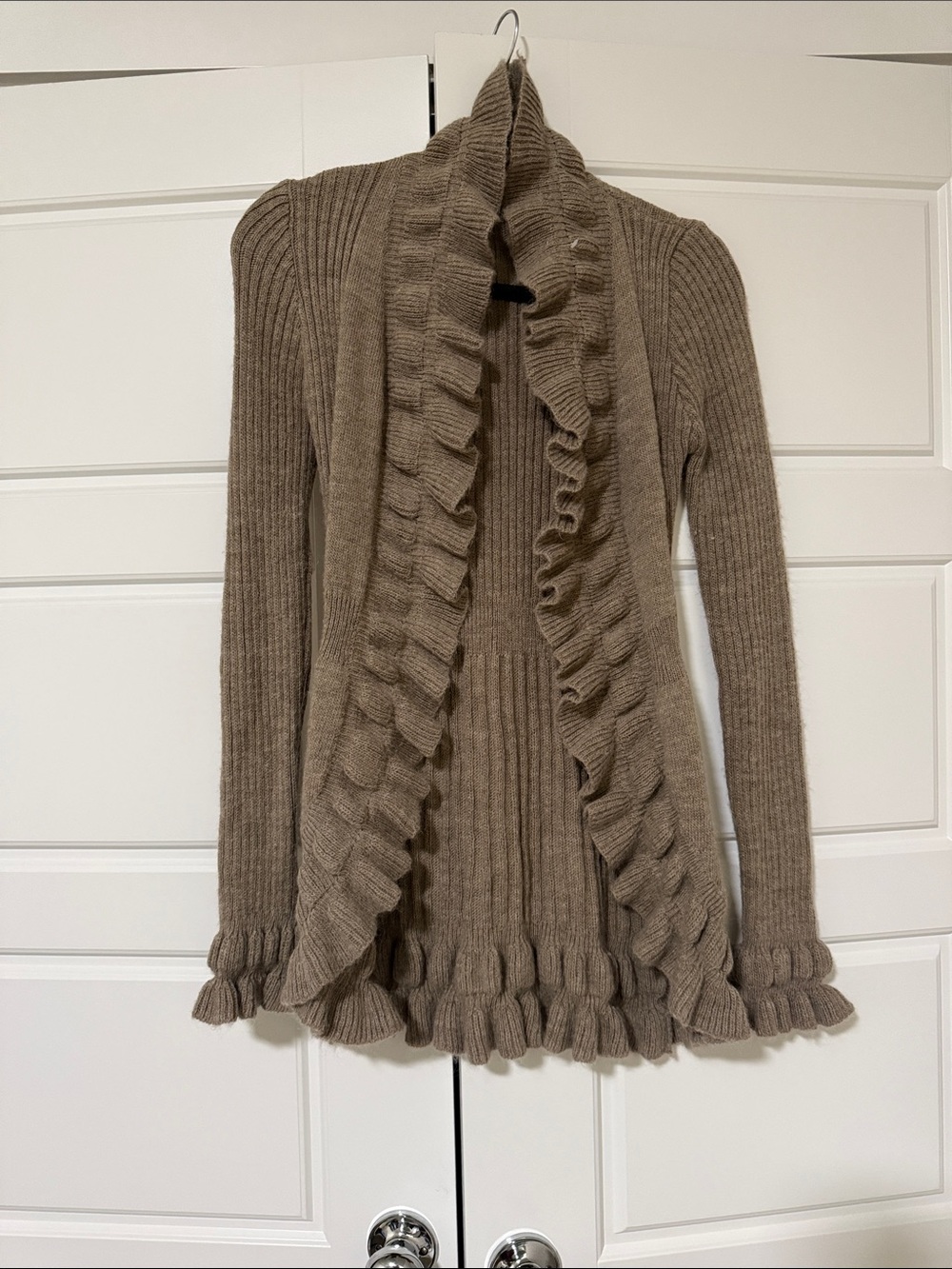 Ruffled Open-Front Trench Cardigan - Taupe